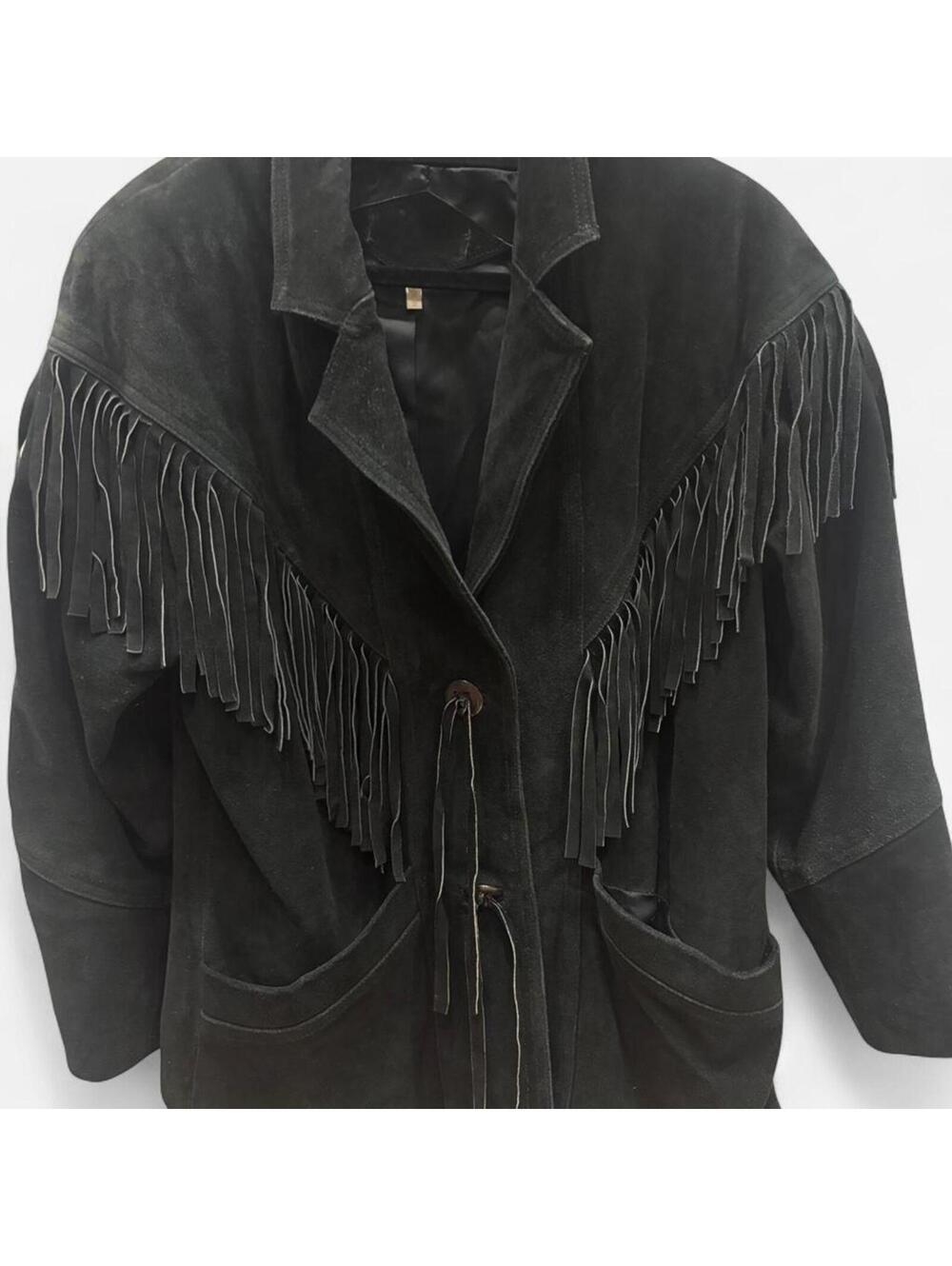 VERY VINTAGE Black suede leather fringe jacket